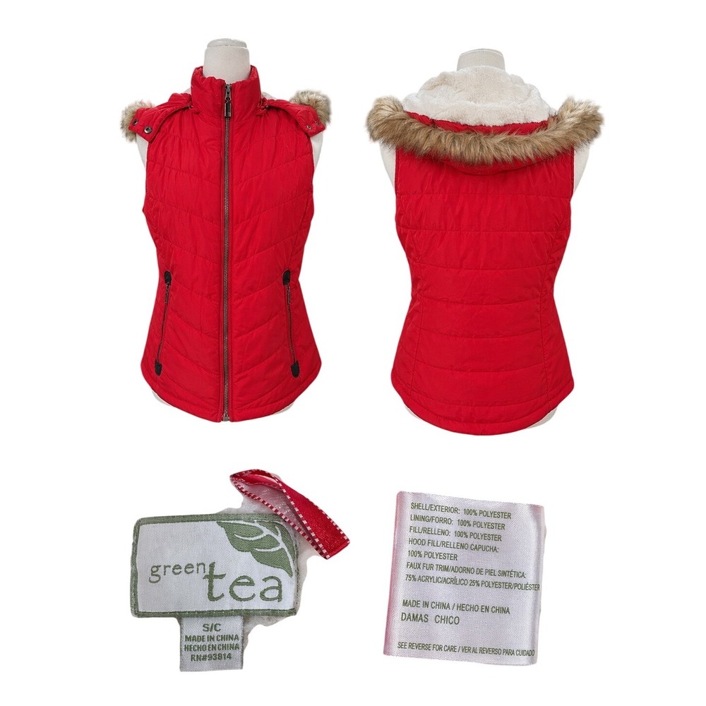 Green Tea Puffer Vest Faux Fur Lined Red Small Hooded Winter Gorpcore Boho
